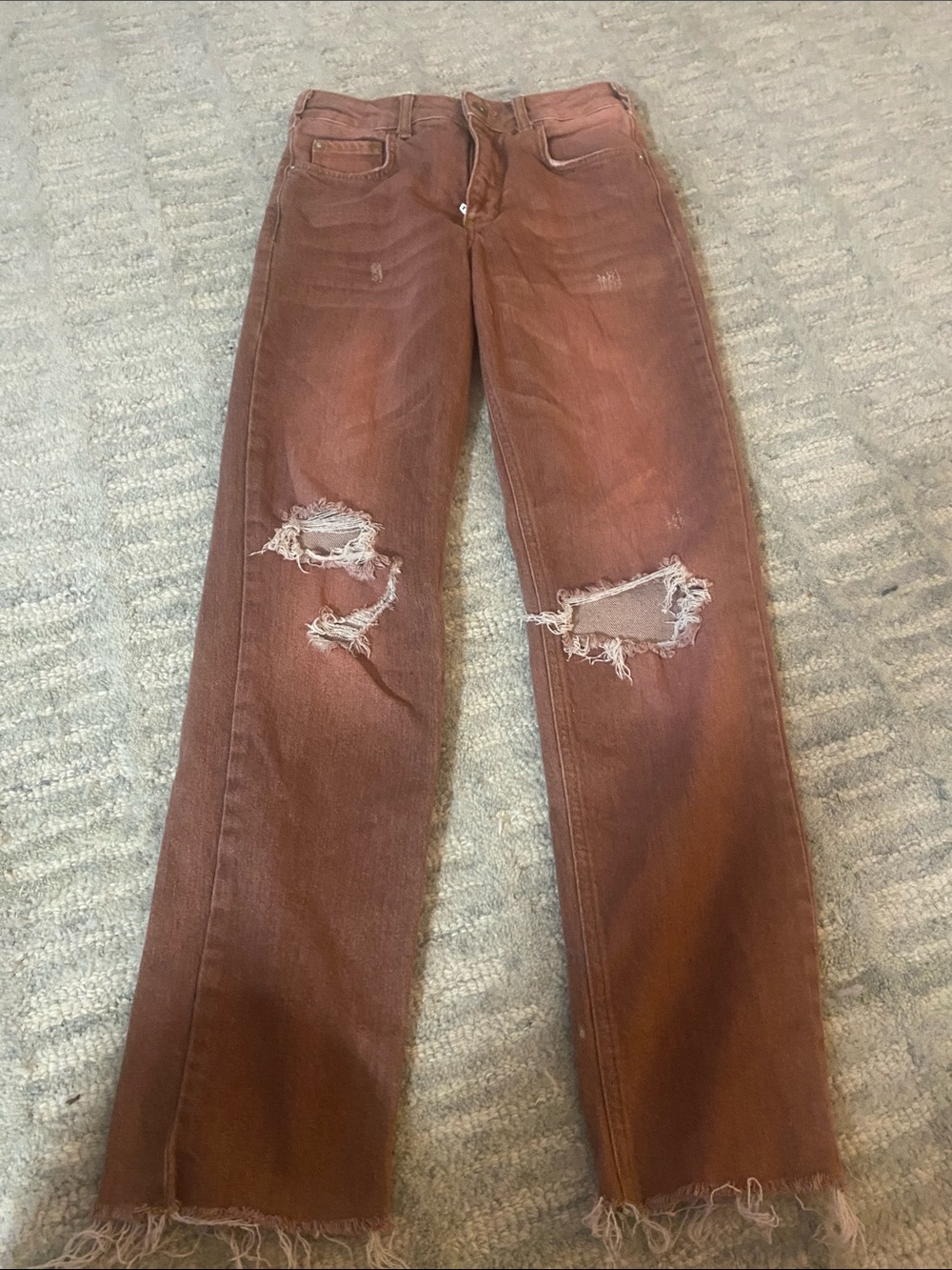 The Vintage Shop Rust-Brown Straight Leg Distressed Jeans